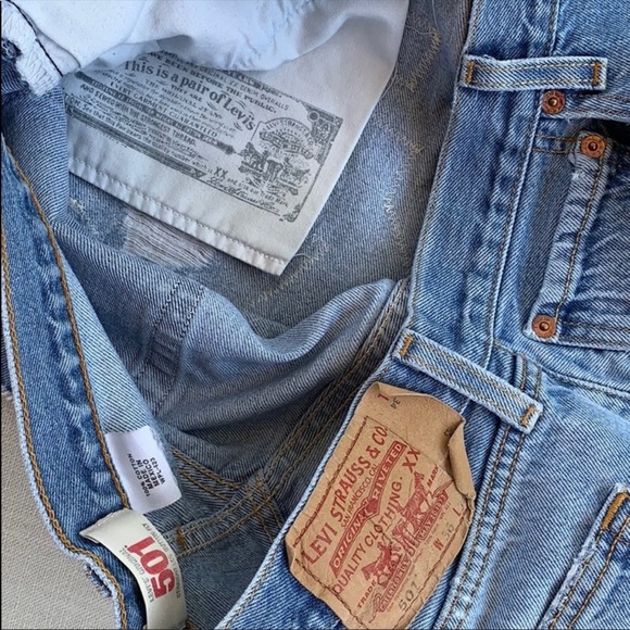 LEVI’S Vintage 501 High Waist Button Fly Patchwork Cut Off Denim Jean Shorts - Picture 3 of 8